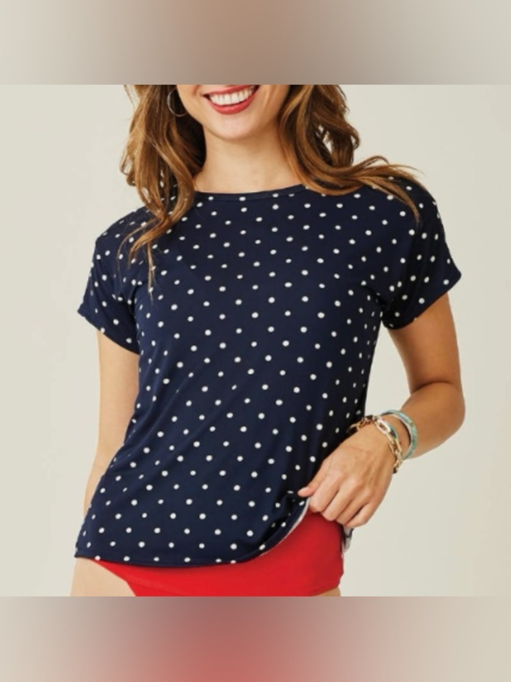 Boden Gold Polka Dot Navy Crewneck Short Sleeve Tee